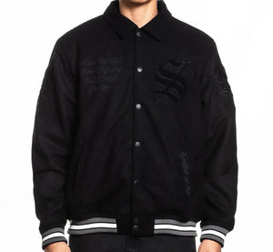 Sullen Black varsity jacket with embroidery on a white background