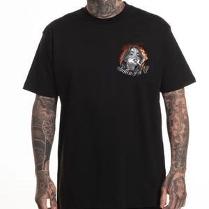 Black t-shirt with a graphic design on a white background