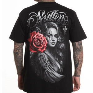 Black t-shirt with a graphic design of a woman with a red rose and the brand 'Sullen' on the back.