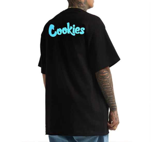 Person wearing a black t-shirt with 'Cookies' logo on the back, standing against a white background.