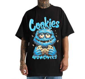 Black t-shirt with blue character and 'Cookies Munchies' text on a white background