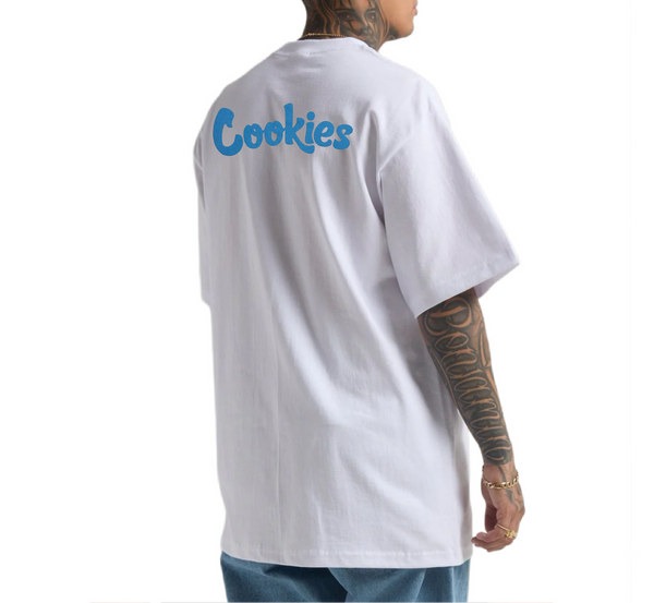 Person wearing a white t-shirt with 'Cookies' logo on the back, standing against a white background.