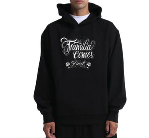 Black hoodie with white text on a white background