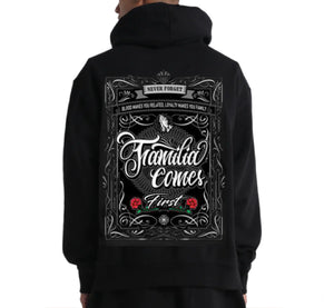 Black hoodie with white and red text and graphics on the back