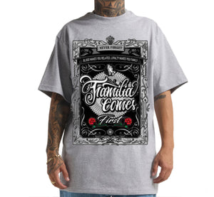 Gray t-shirt with a graphic design and text on a white background