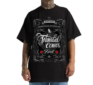 Black t-shirt with white and red text and graphics, worn by a person on a white background