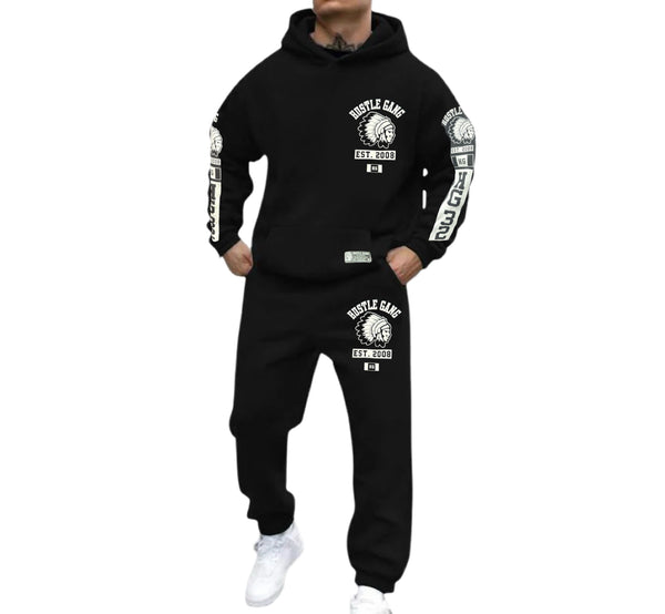 Hustle Gang Black tracksuit with white logos and text on a white background