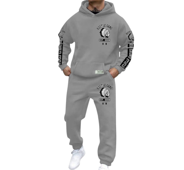 Hustle Gang Gray tracksuit with branding on a white background