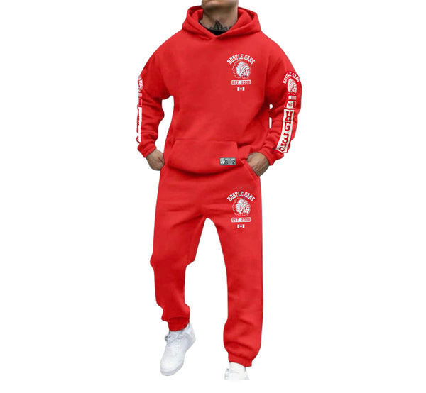 Hustle Gang Red tracksuit with white text and graphics on a white background