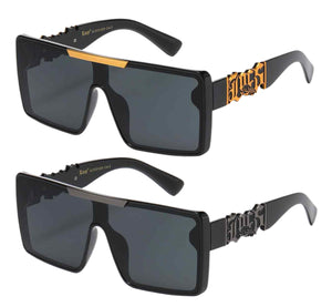 Black sunglasses with gold accents on a white background