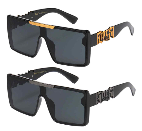 Black sunglasses with gold accents on a white background