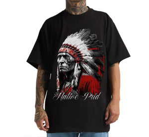 Black t-shirt with Native American chief graphic and 'Native Pride' text on a white background