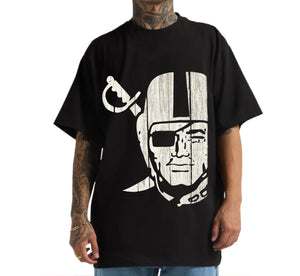 Black t-shirt with a white graphic design on a white background