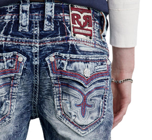 Close-up of blue jeans with a brand logo on a white background