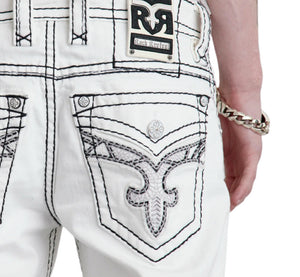 White jeans with black embroidery and Rock Revival logo on a white background