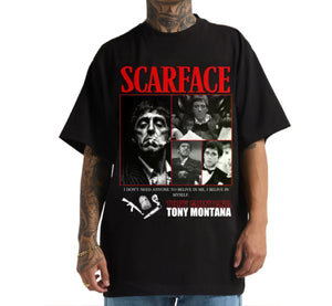 Black t-shirt with 'Scarface' graphic design featuring Tony Montana on a white background