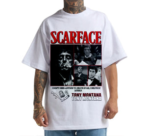 White t-shirt with 'Scarface' graphic design featuring Tony Montana on a white background