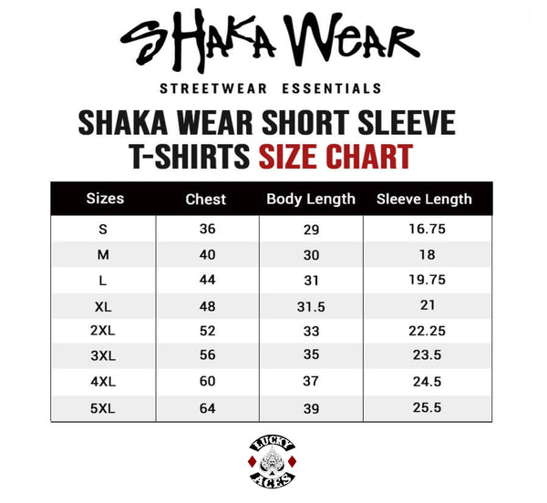 Shaka Wear short sleeve t-shirt size chart on a white background