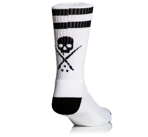 White sock with black skull and crossbones design on a white background