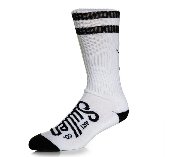 White sock with black stripes and text on a white background
