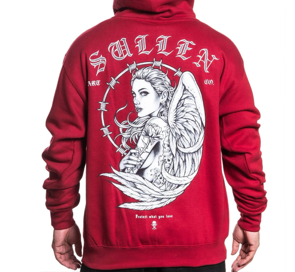 Red hoodie with a graphic design on the back, featuring an angel and barbed wire.