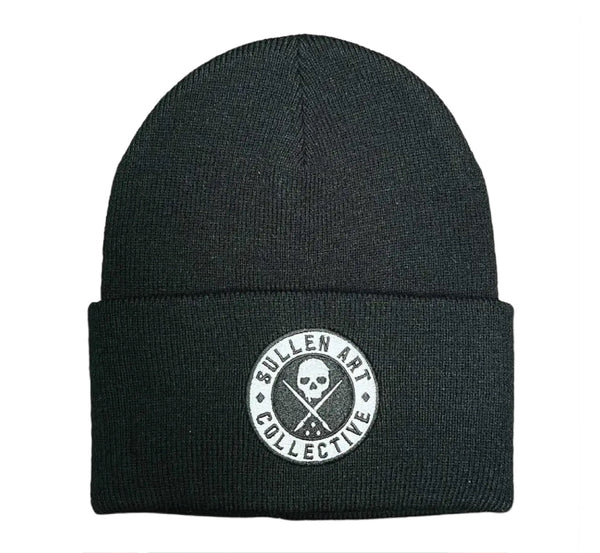 Black beanie with 'Sullen Art Collective' logo on a white background