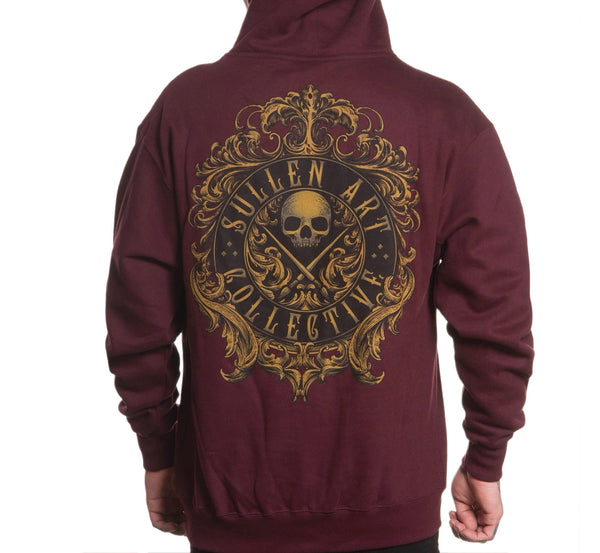 Maroon hoodie with gold and black design on the back, featuring 'Sullen Art Collective' text.