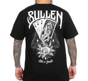 Black t-shirt with white graphic design and 'Sullen' branding on a white background