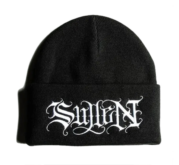 Black beanie with 'Sullen' logo on a white background