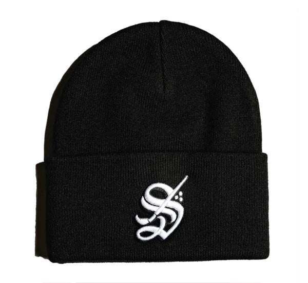 Black beanie with a white logo on a white background