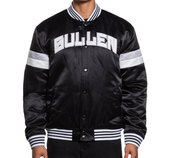 Black varsity jacket with white lettering and stripes on a white background