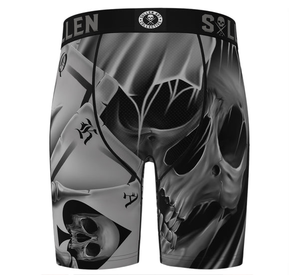 Underwear brief with skull design and brand logo on a white background