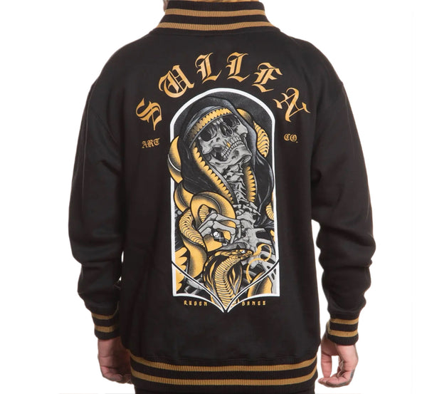 Black varsity jacket with a skeleton and snake design on the back, worn by a person.