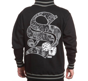 Black jacket with a large white graphic design on the back, featuring various elements like money and dice.