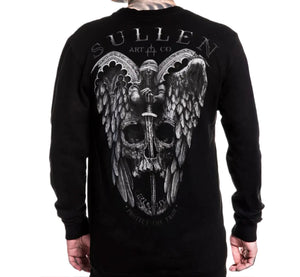 Black long-sleeve shirt with a skull and wings design on the back, featuring the brand 'Sullen'.