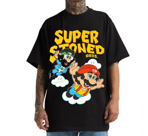Black t-shirt with 'Super Stoned Bros.' graphic design featuring cartoon characters.