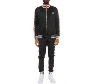 Black tracksuit with white and red accents on a white background